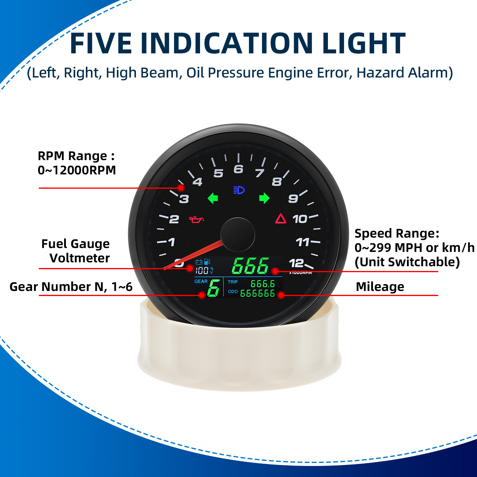 6 in 1 0-12000RPM タコメーター 85mm  - Motorcycle Gear Levels のレビューと価格